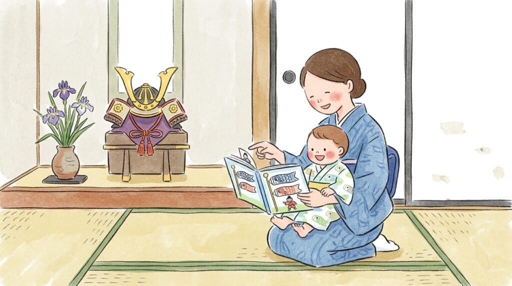 kodomonohi-ehon-yomikikase-oyako-gyoji こどもの日に絵本で伝統行事を学ぶ親子の読み聞かせ風景と兜飾り