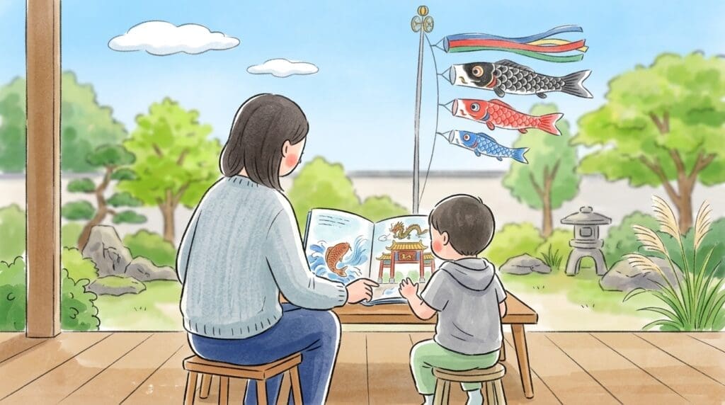 koinobori-tango-yurai-oyako-gakubu-5gatsu こいのぼりを眺めながら端午の節句の由来を学ぶ親子の姿と5月の風景