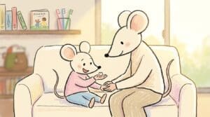 リビングで母親と子どもが抜けた乳歯を嬉しそうに見つめる成長の瞬間、午後の自然光に包まれた温かい親子の様子
