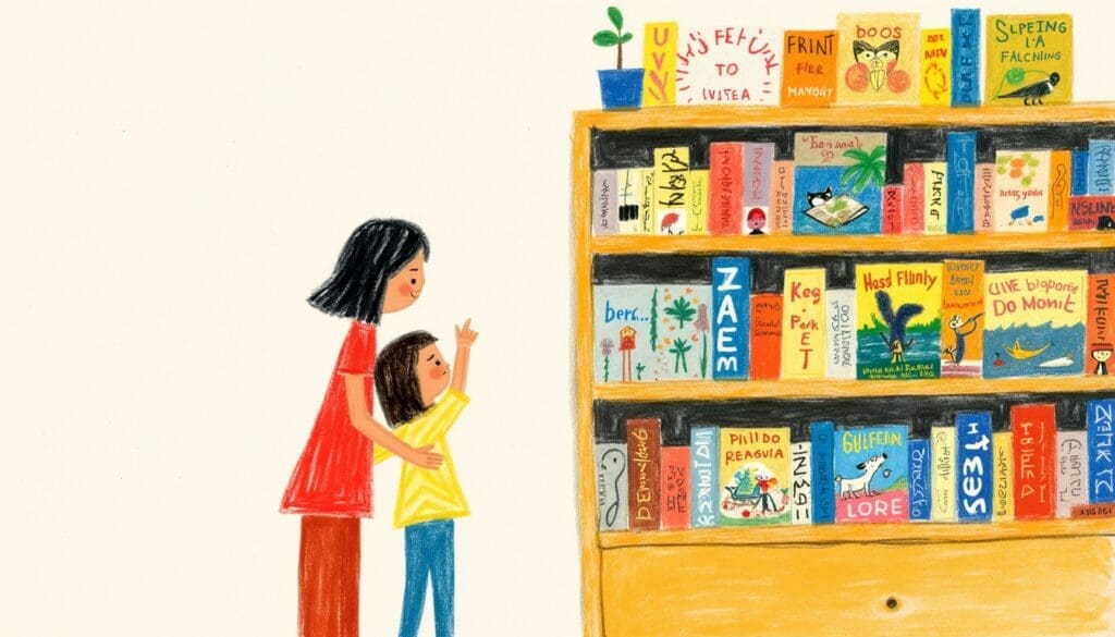 parent-child-selecting-age-appropriate-toothbrushing-books Woman in a red dress stands beside a child pointing at a tall yellow bookshelf full of colorful books. They seem to be in a library or bookstore.