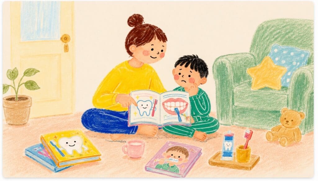 Mother and child sit cross‑legged on the floor, reading a dental health book together in a cozy room.