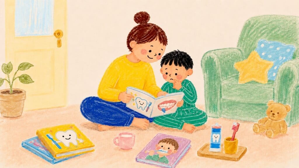 リビングで絵本を楽しく読む親子の様子、歯みがき習慣づけの穏やかな時間