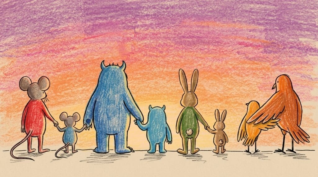 夕焼けを背景に手をつなぐ世界の親子のシルエット、子どもの成長を願う親心の普遍性を象徴する感動的なシーン
