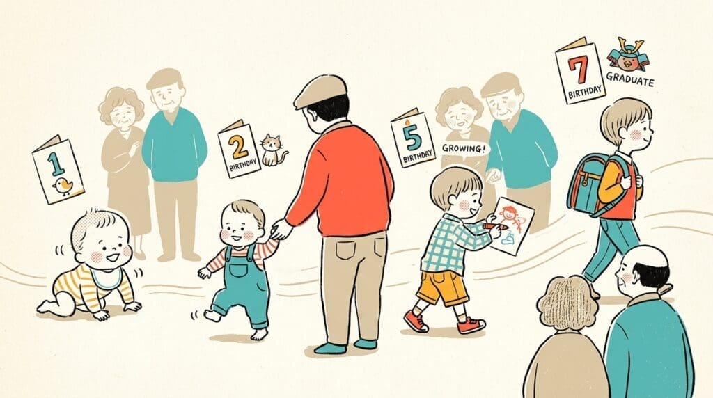 Family scene with children and adults, birthday cards showing ages 1, 2, 5, and 7, symbolizing growing up and milestones.