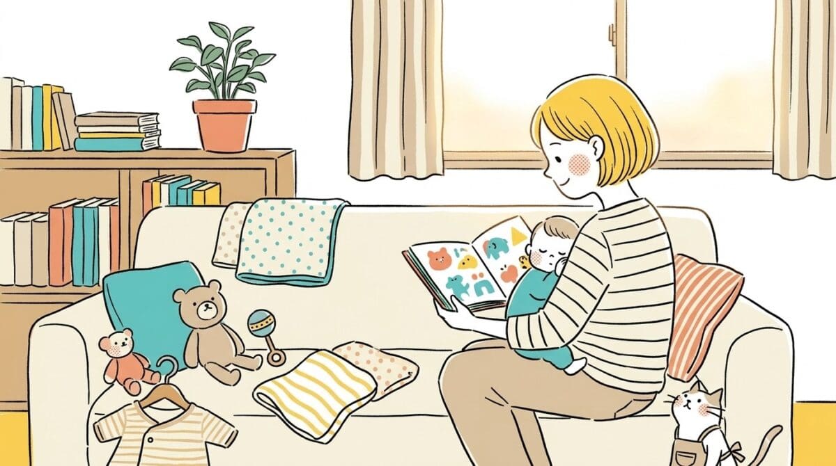 出産祝いの絵本を喜ぶママと赤ちゃんの幸せな様子のまとめ画像
