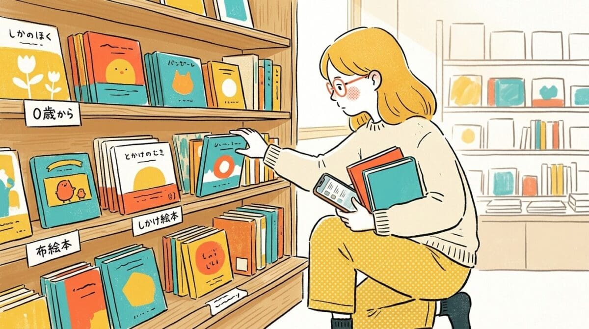 出産祝いに喜ばれる絵本ギフトの選び方を考える女性の様子