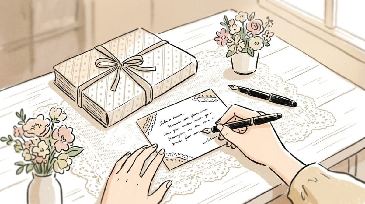 出産祝いの絵本に添える一言メッセージを書く様子
