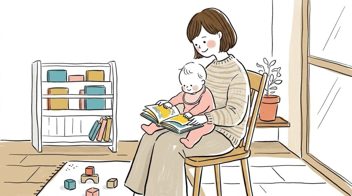 出産祝いの絵本を膝の上の赤ちゃんと一緒に読むママの温かい様子