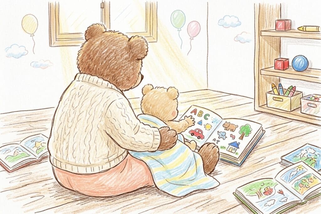 0歳の赤ちゃんと絵本を楽しむママの後ろ姿、午後の自然光が差すリビングで