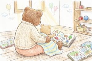 0歳の赤ちゃんと絵本を楽しむママの後ろ姿、午後の自然光が差すリビングで