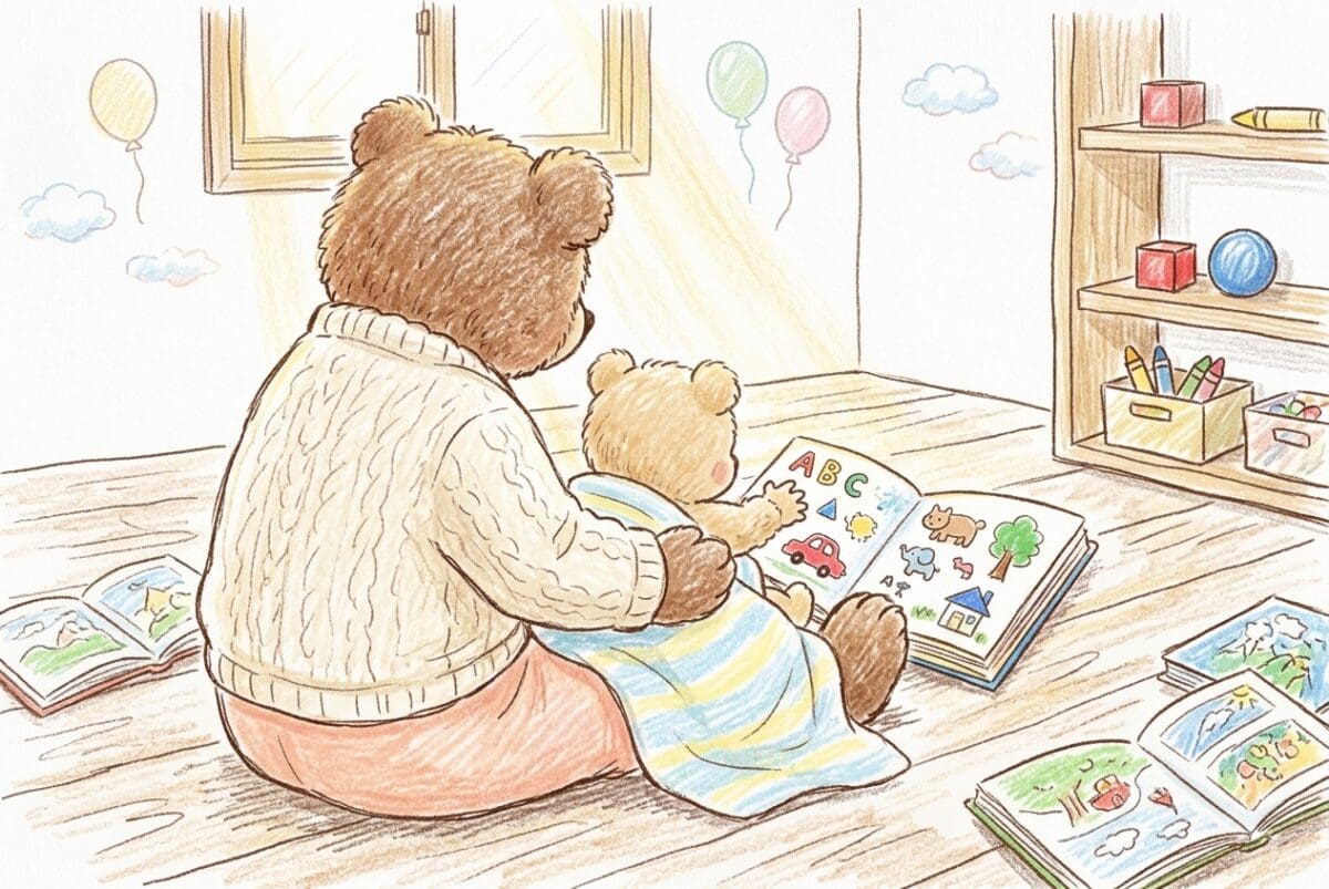 0歳の赤ちゃんと絵本を楽しむママの後ろ姿、午後の自然光が差すリビングで