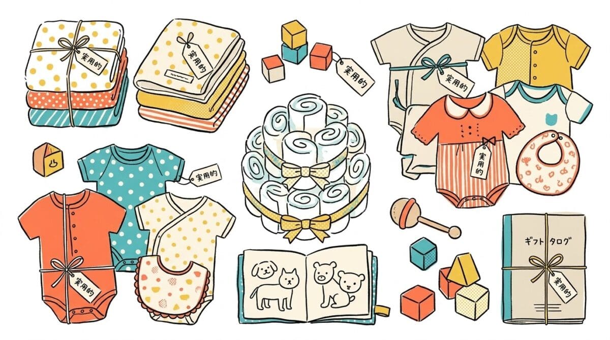 出産祝いの絵本以外のギフト選択肢。おむつやベビー服などの実用アイテム