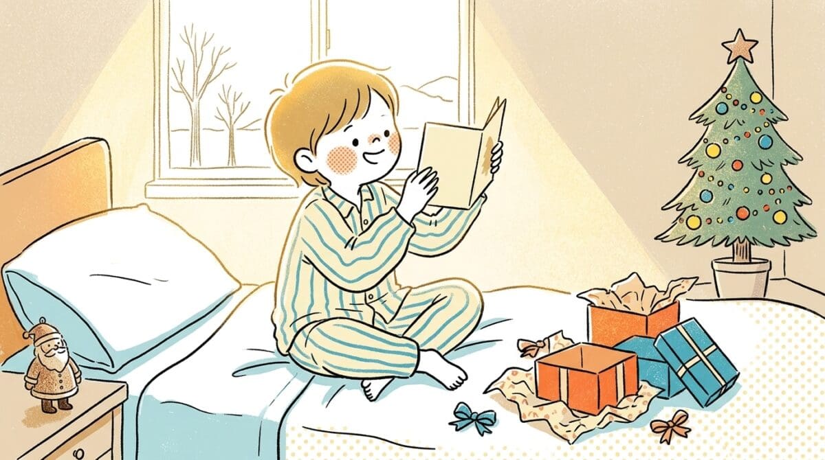 クリスマスカードを読んで笑顔になる子どもの喜びの瞬間