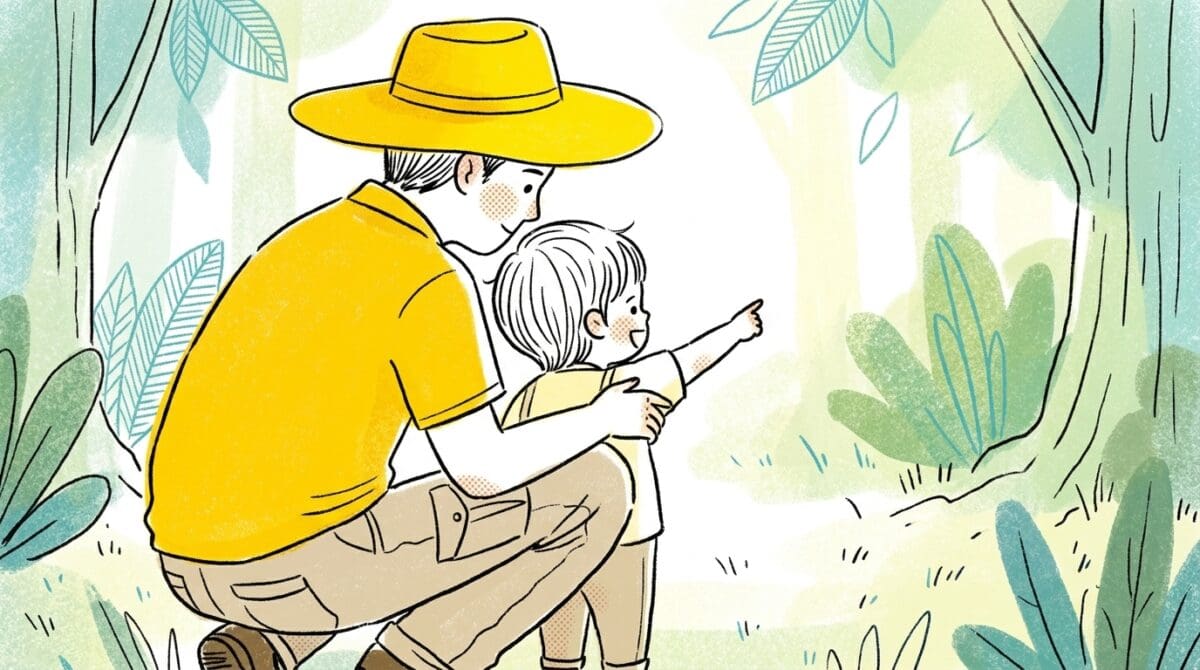 黄色い帽子の父親が子どもの好奇心に寄り添う理想的な親子の姿