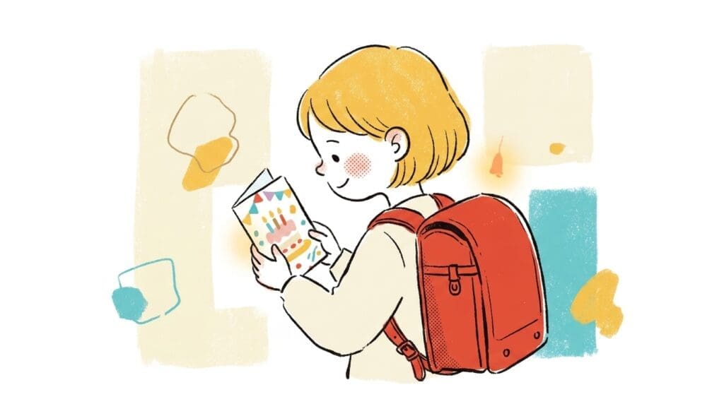 小学生の孫が祖父母からの誕生日メッセージカードを嬉しそうに読んでいる