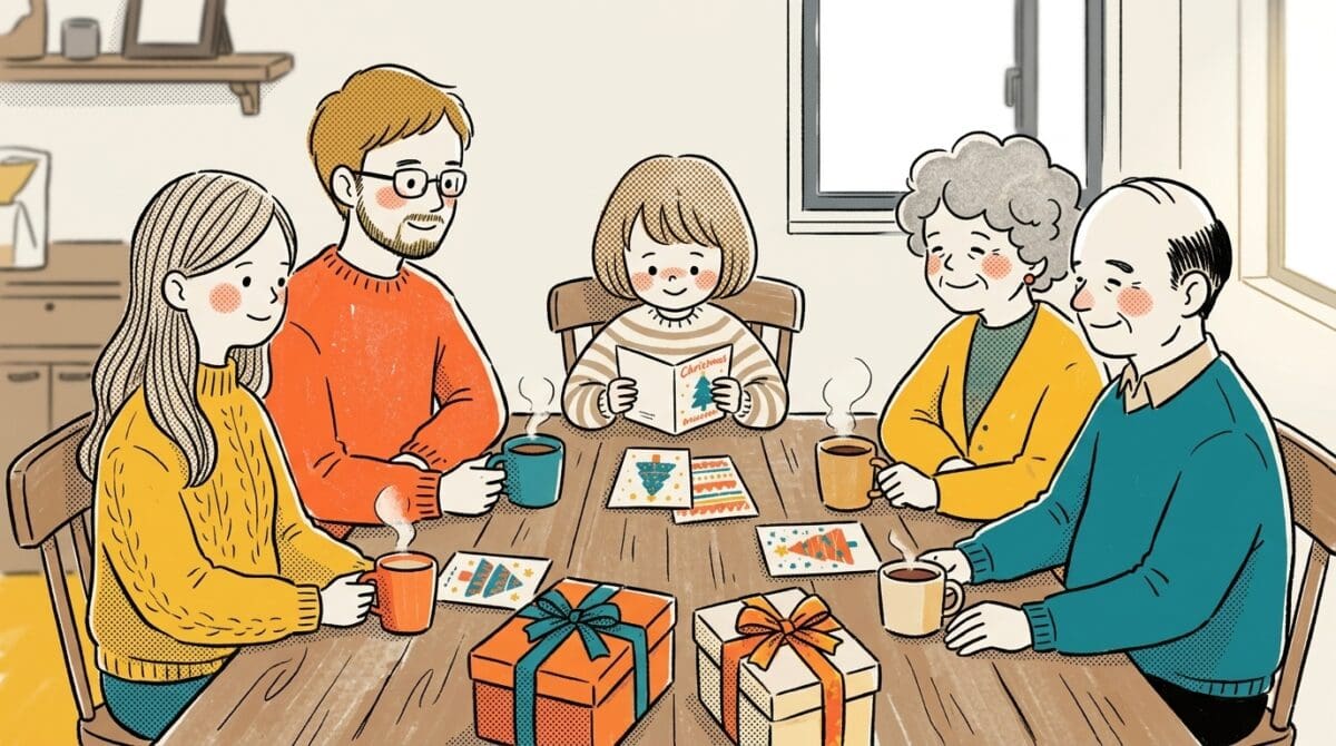 三世代家族でクリスマスメッセージを囲む温かな食卓の様子
