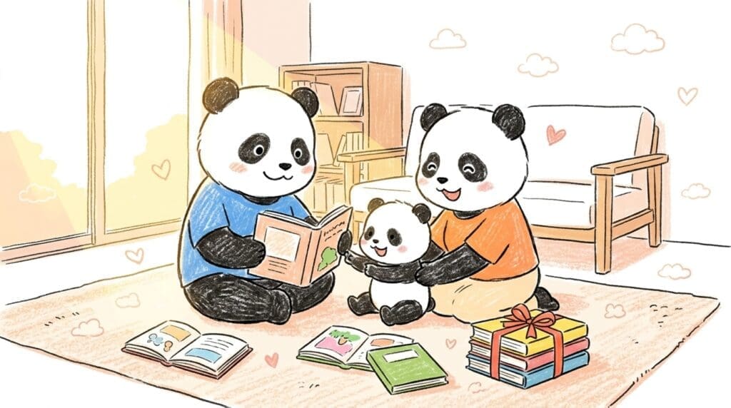 family-picture-book-reading-tips-gift-idea パパ・ママと0歳の赤ちゃんが一緒に絵本を見る様子、プレゼント用絵本セットも