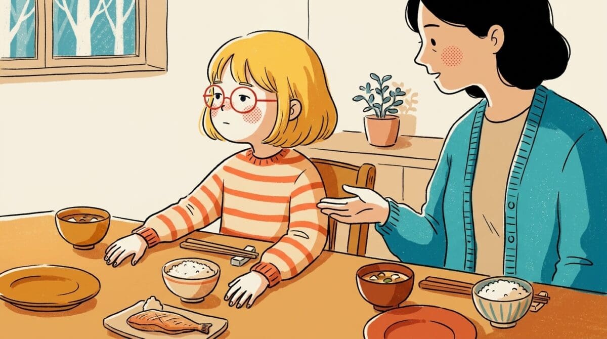 夕食の食卓で母親の問いかけに上の空で答える小学4年生の女の子