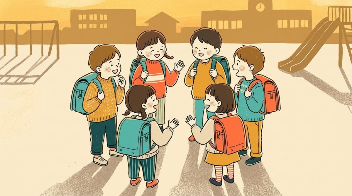 ギャングエイジの小学生が校庭で集まり仲間と過ごす特徴的な様子
