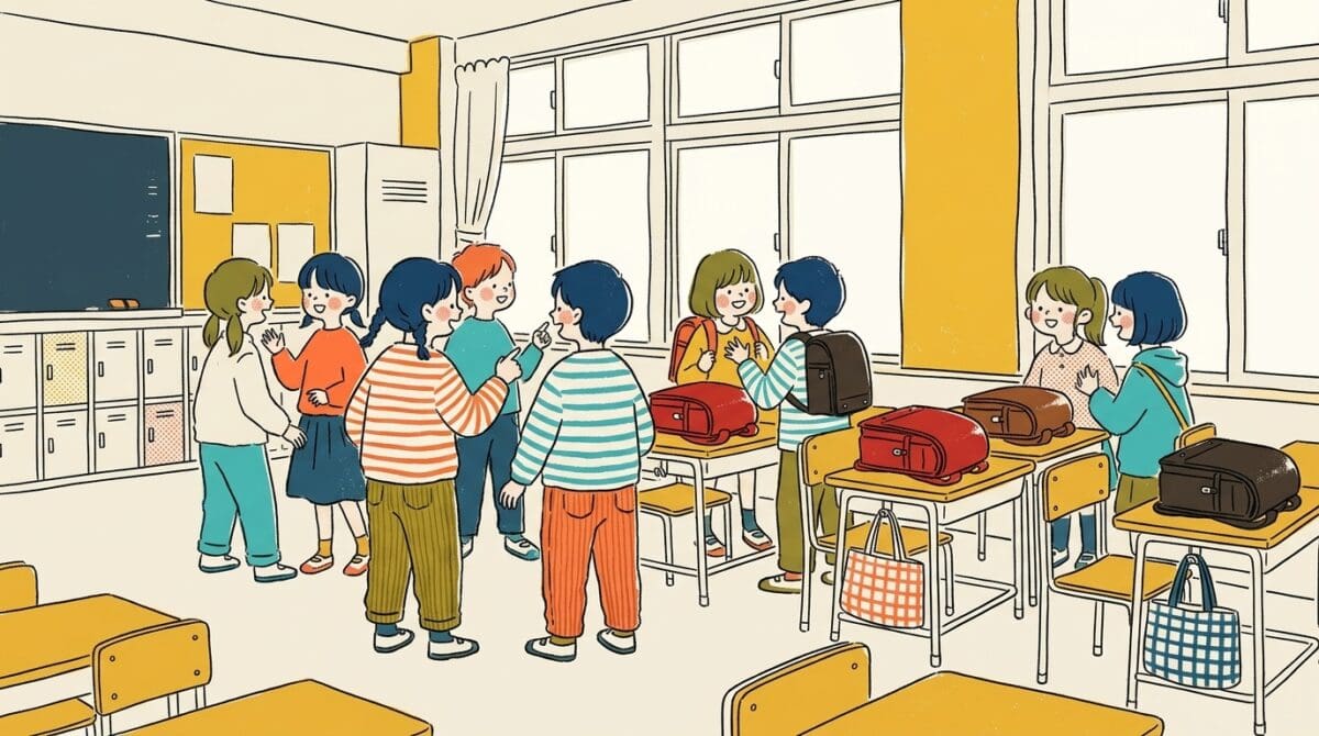 ギャングエイジが始まる時期の小学3年生が教室で友達と過ごす様子