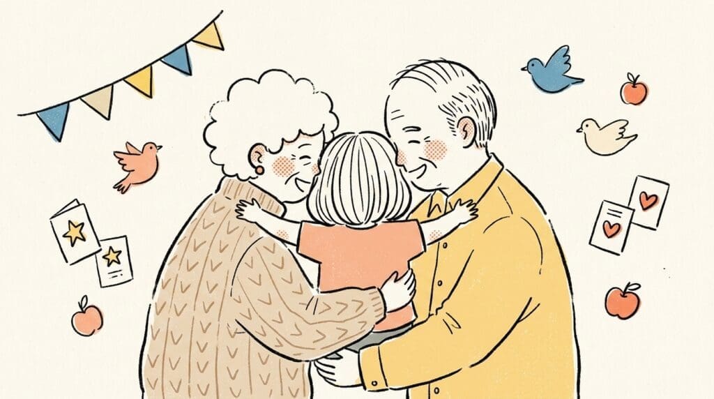 誕生日に祖父母と孫が抱き合う愛情あふれる家族の風景