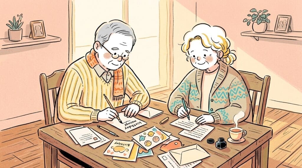 祖父母が孫への誕生日メッセージを考えながら書いている様子