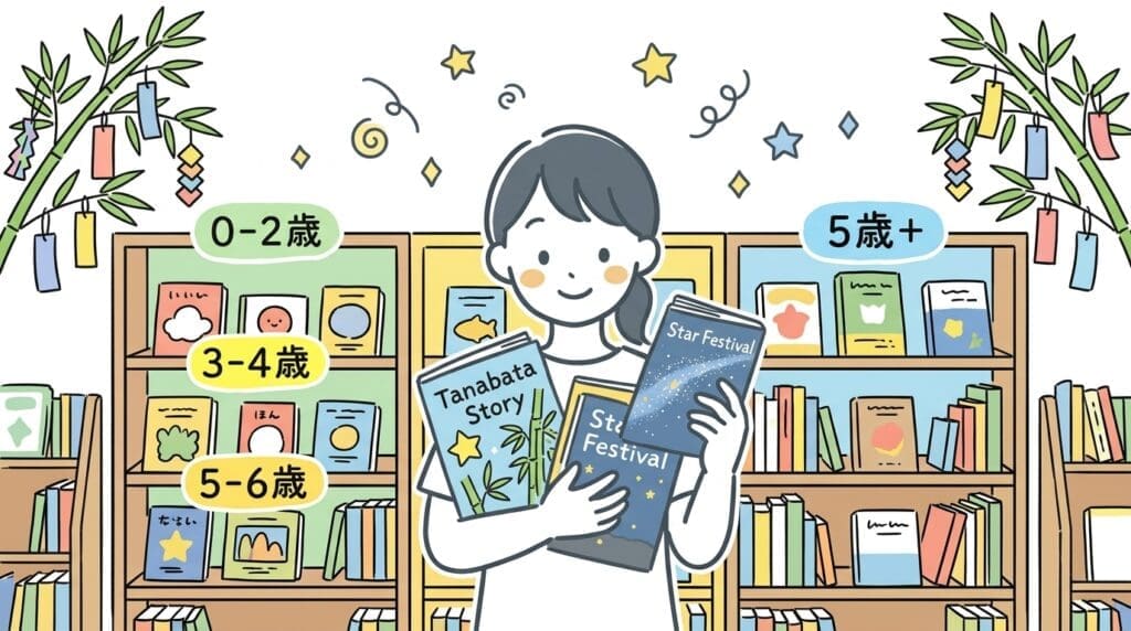 保育士が年齢別の七夕絵本を選んでいる様子、保育園の絵本棚の前で