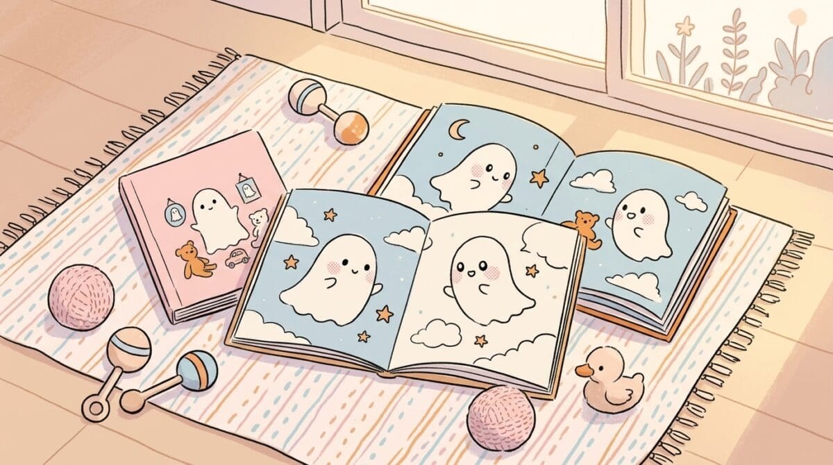 0〜3歳向けのかわいいおばけ絵本と赤ちゃんのおもちゃが並ぶ優しい読書空間