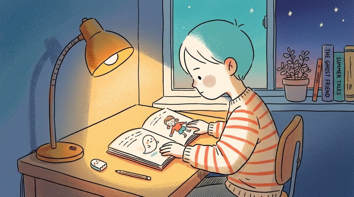 5歳以上の子どもが心温まるおばけ物語を真剣に読んでいる成長の瞬間