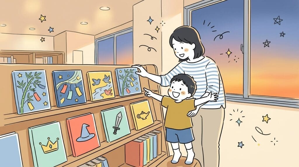 図書館で七夕絵本を一緒に選ぶ母親と子ども、夕暮れの温かい光が差し込む