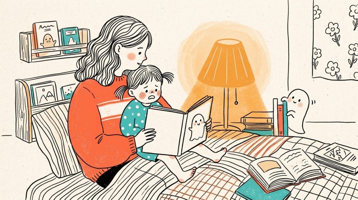 寝室で母親が子どもに可愛いおばけ絵本を読み聞かせている夏の夜の様子