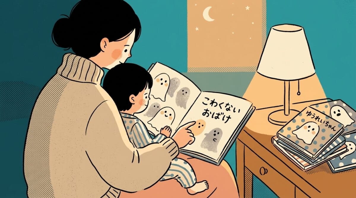 寝る前に母親が子どもにおばけえほんを優しく読み聞かせている親子の時間