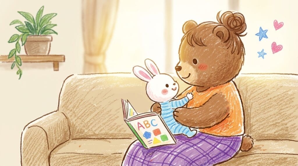 parent-child-bonding-through-picture-book-reading 0歳の赤ちゃんを抱いて絵本を読むママ、あかちゃんはママの顔を見つめている