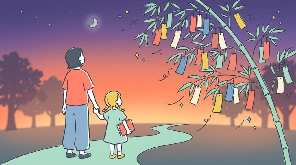 夕暮れの公園で笹飾りを見上げる親子の後ろ姿、手には七夕絵本を抱えている