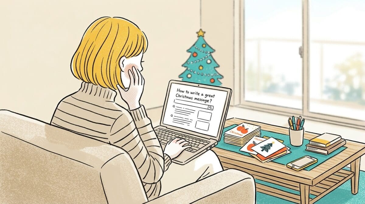 クリスマスメッセージの書き方を調べる30代の親の様子