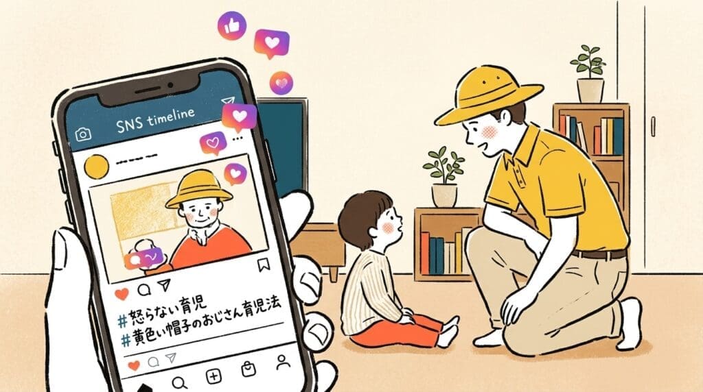 SNSで拡散される黄色い帽子のおじさんの怒らない育児法