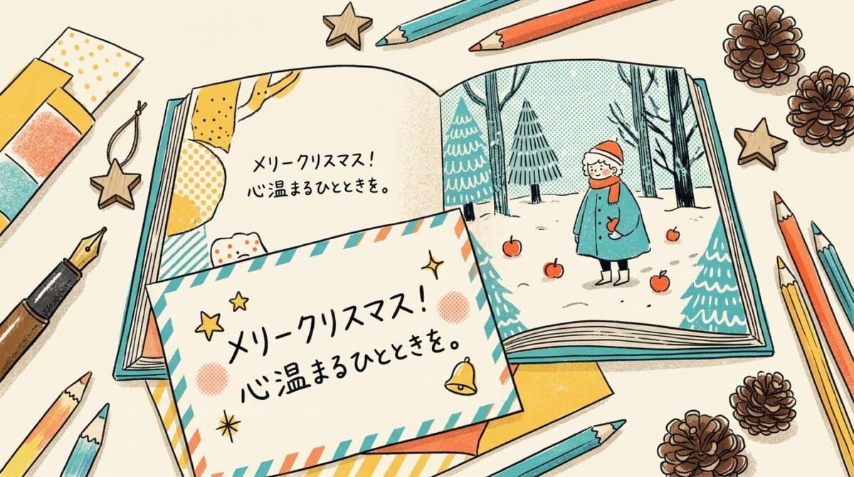 絵本とクリスマスカードが重なる創作シーンの様子