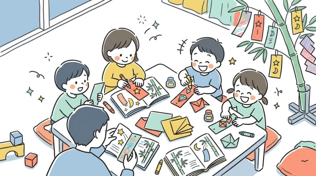 七夕絵本を読んだあと短冊に願いごとを書く子どもたち、保育園での遊びの様子
