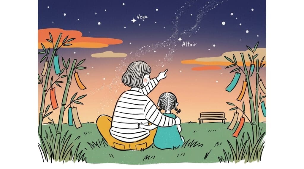 七夕の夜空を見上げる親子の後ろ姿、天の川と星々が輝く夕暮れの風景