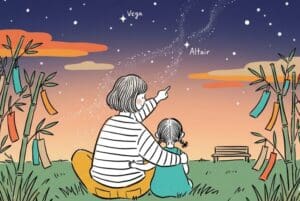 七夕の夜空を見上げる親子の後ろ姿、天の川と星々が輝く夕暮れの風景