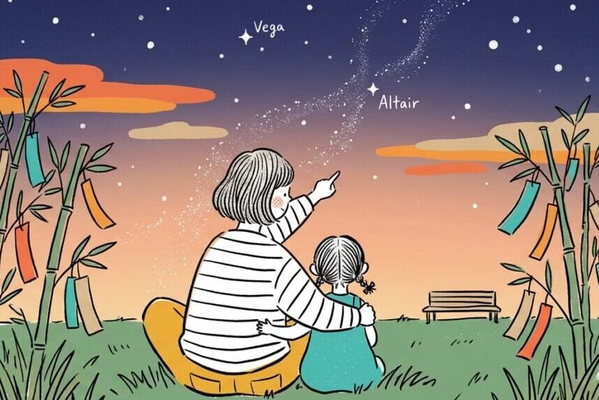 七夕の夜空を見上げる親子の後ろ姿、天の川と星々が輝く夕暮れの風景
