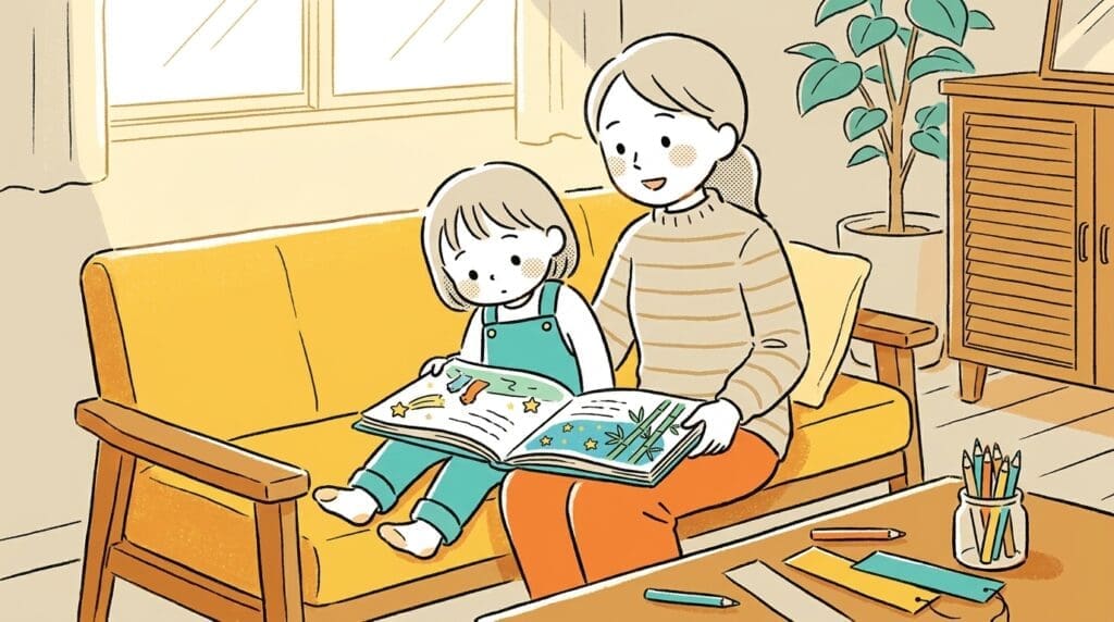 七夕の絵本を一緒に読みながら対話する親子、リビングでの準備の様子