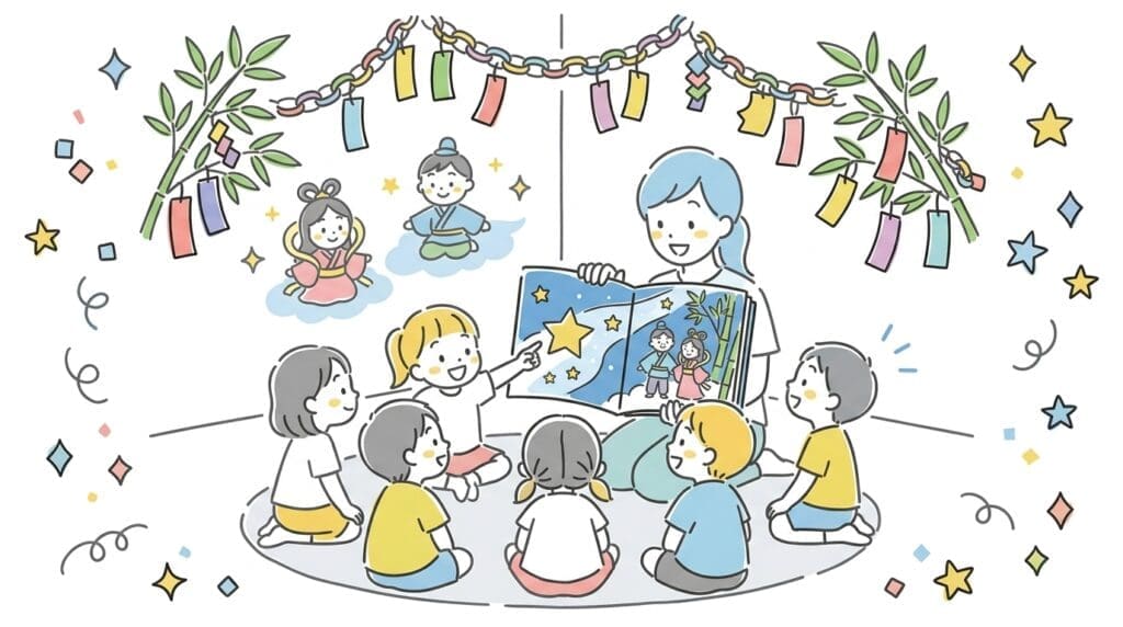 保育園で七夕絵本の読み聞かせを楽しむ子どもたちと保育士、笹飾りが背景に飾られている