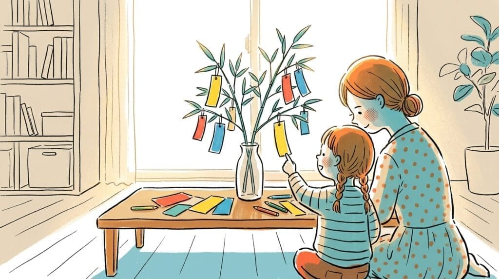 七夕の短冊を見ながら親子で願い事を考える温かい午後の様子
