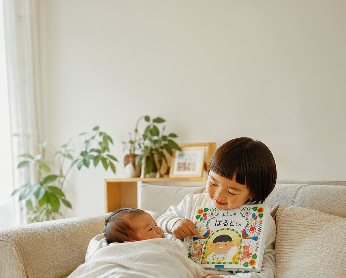 やわらかな光のリビングで、お姉ちゃんが弟に名前入り絵本『ようこそ はるとくん』を読み聞かせる様子