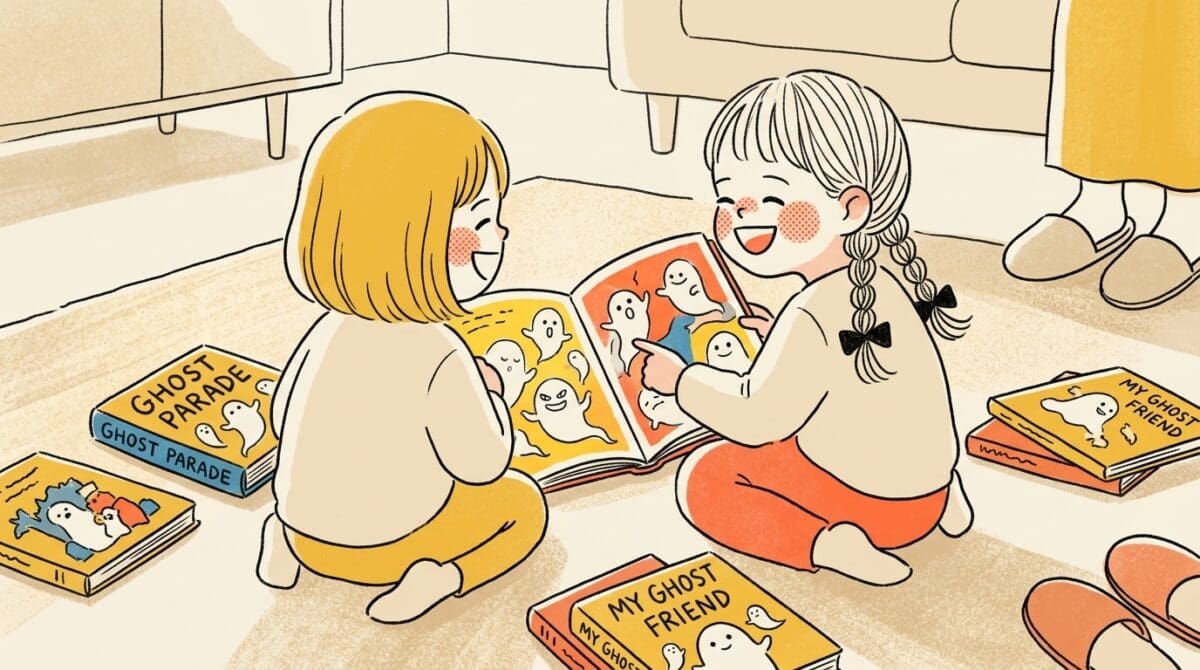 3〜5歳の子どもたちが笑いながら楽しいおばけ絵本シリーズを読んでいる様子